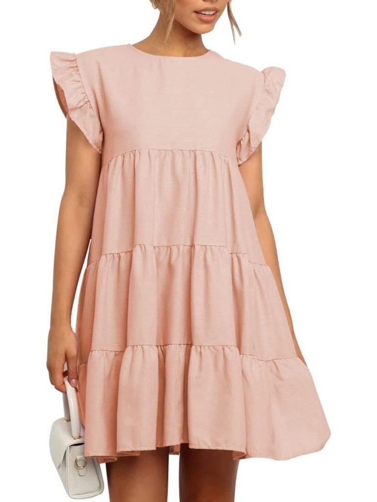 Women's Pink Casual Ruffle Sleeve Round Neck Solid Loose Fit Shift Mini Dress